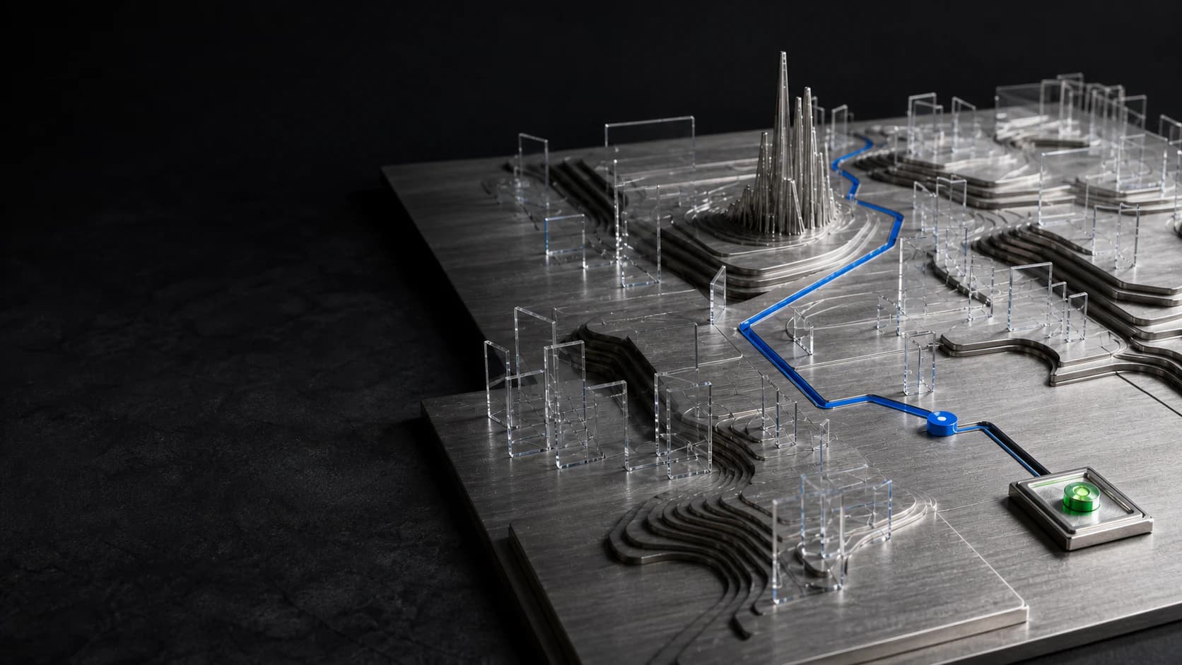 A physical search terrain tracing one blue growth path to a verified endpoint